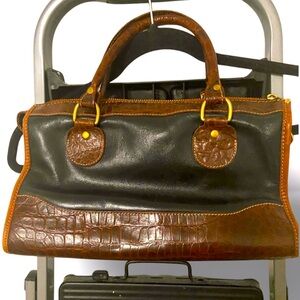 Vintage Brahmin Tuscan Black Brown Croc Embossed Top Handle Handbag Purse